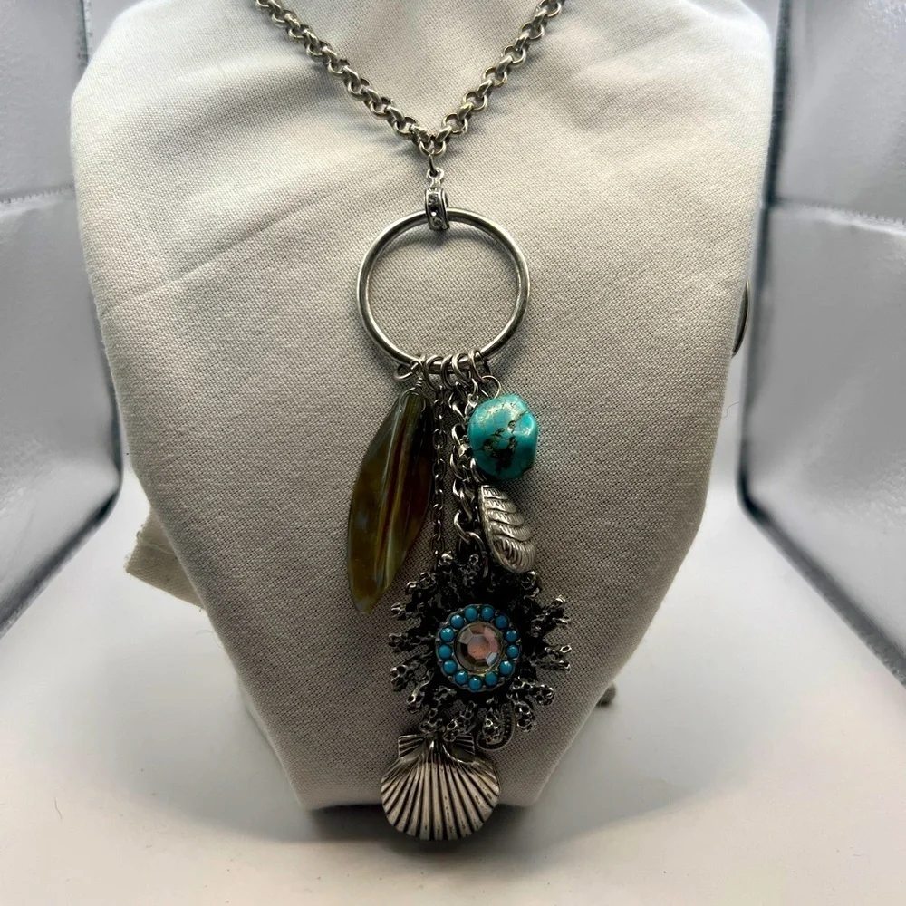 Chico's seahorse, jadeite, seashell long pendant silver tone necklace